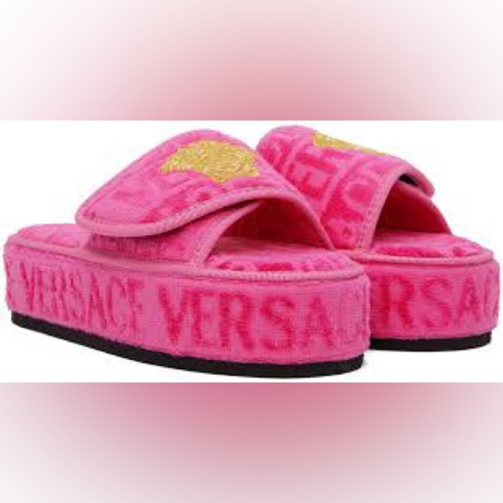 Versace Allover Slippers - Size 39 Terry Hot Pink Gold Medusa Embroidery